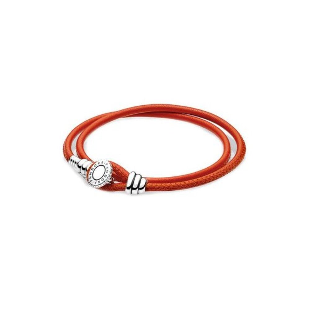 Pandora Charm Carrier Silver CZ Spicy Orange Double Leather Bracelet